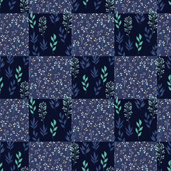 A seamless pattern with tiny bcetons of light colored flowers in violet color. Or willow twigs with spring buds. Green Leaves of Plants — Stock Illustration Seamless Pattern Tiny Bcetons Light Colored Flowers Violet Color Willow Vector Graphics