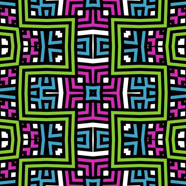 Beautiful seamless mosaic pattern in blue, green, black, white and purple color with black lines