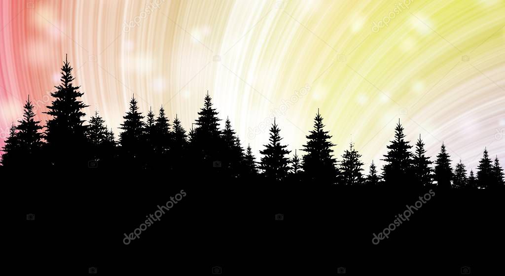 Winter forest woodland landscape silhouette and colored sky with snow shimmering, Copy space for your text, greeting, etc. 