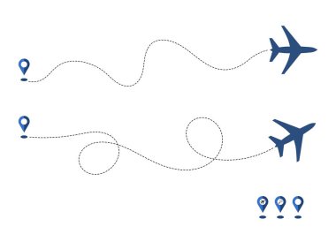 Plane ve onun yolu, parça veya rota beyaz arka planda izole. Uçaklar ve harita Pins sembolleri. Ulaşım konsepti veya teması