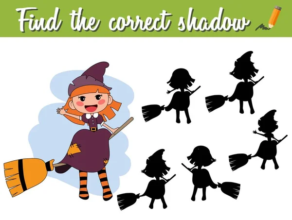 Encuentra Sombra Correcta Juego Educativo Juego Para Niños Con Bruja — Vector de stock