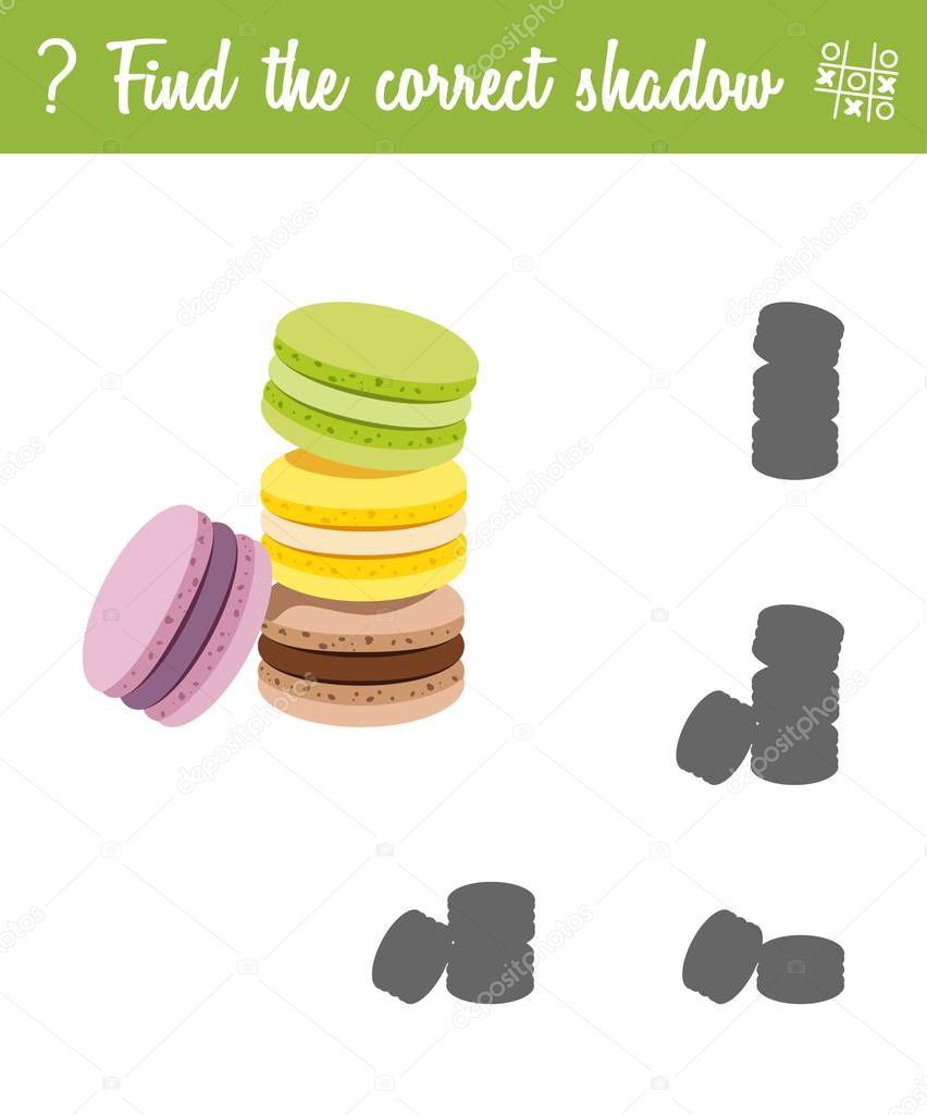 Find the correct shadow. Education game for children with cartoon macaroons