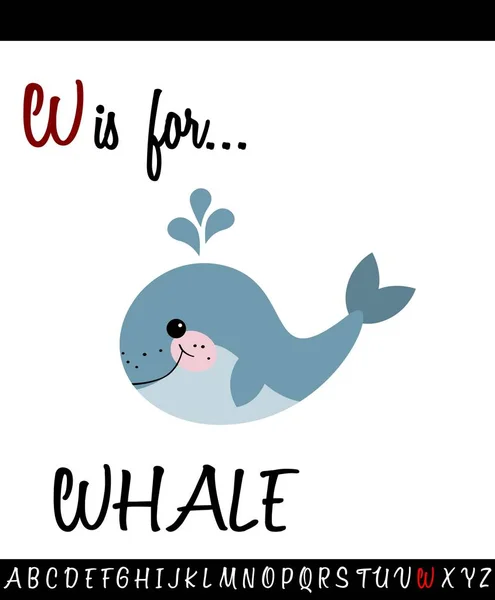 Illustration de bande dessinée de la lettre majuscule W avec la baleine — Image vectorielle