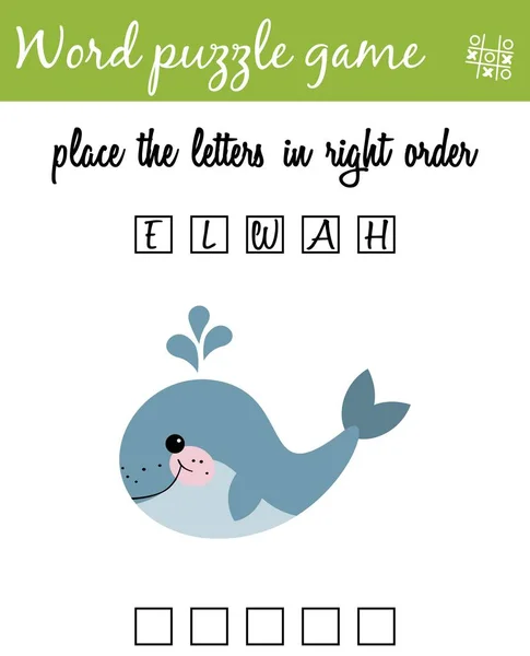 Parole puzzle game con balena cartone animato. Mettere le lettere nel giusto ordine. Imparare il vocabolario. Gioco educativo — Vettoriale Stock