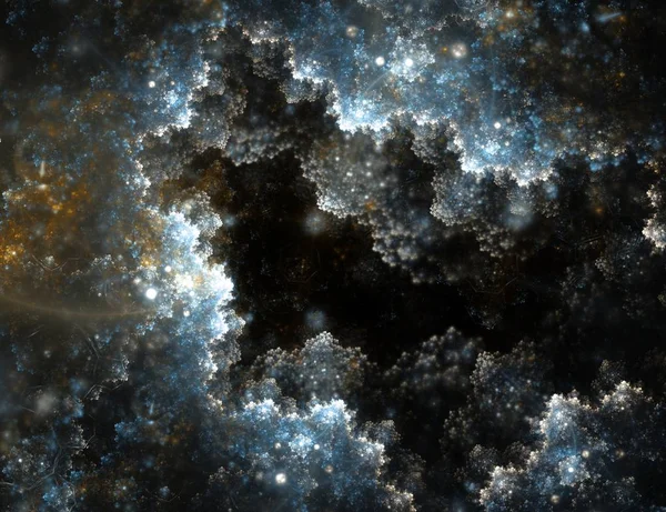 Abstracto agujero de nubes fractales de oro y azul con destello de lente sobre fondo negro. Los fractales son patrones complejos interminables —  Fotos de Stock