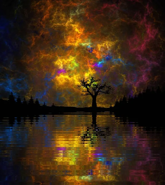 Coucher de soleil fantastique ciel plasma avec réflexion des arbres sur l'eau — Photo