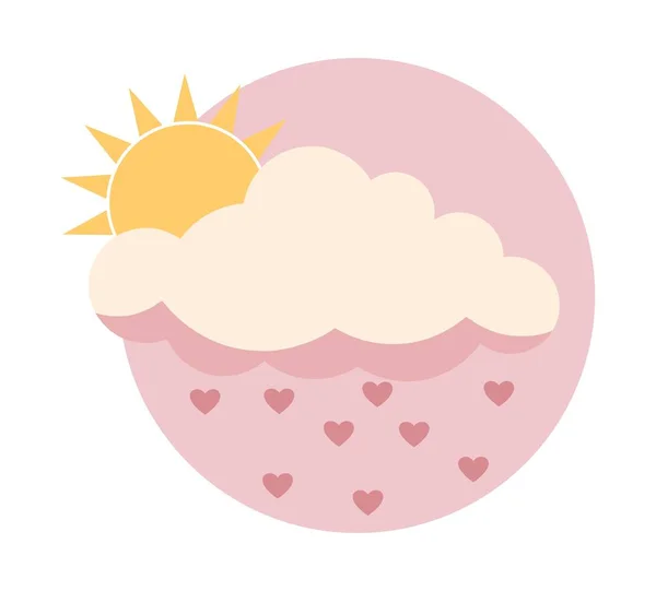 Sol plano detrás de la nube sobre el cielo rosa con corazones de lluvia aislados en blanco — Vector de stock