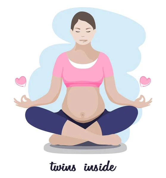 Terhes anya pihenjen a jóga lótusz pózban több terhesség alatt kék háttér — Stock Vector