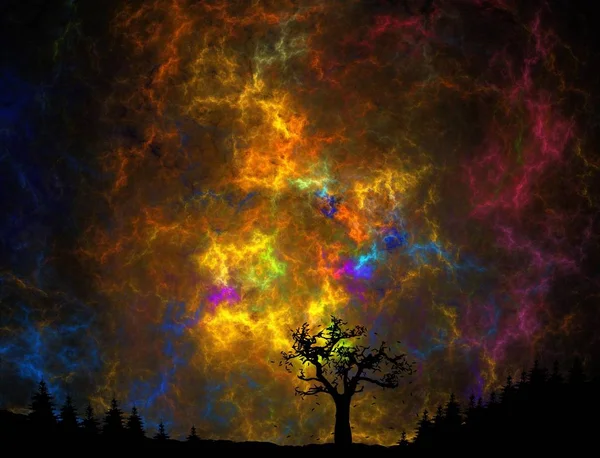 Ağaçlarla fantastik günbatımı plazma gökyüzü — Stok fotoğraf