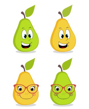 Gözlük ve beyaz arka plan üzerinde izole yüzleri ile Karikatür armut meyve