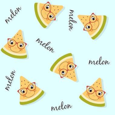 Yüzleri, gözlükleri, harfleri ve gölgesi ile kesintisiz sarı karpuz deseni. Yaz meyve arka plan