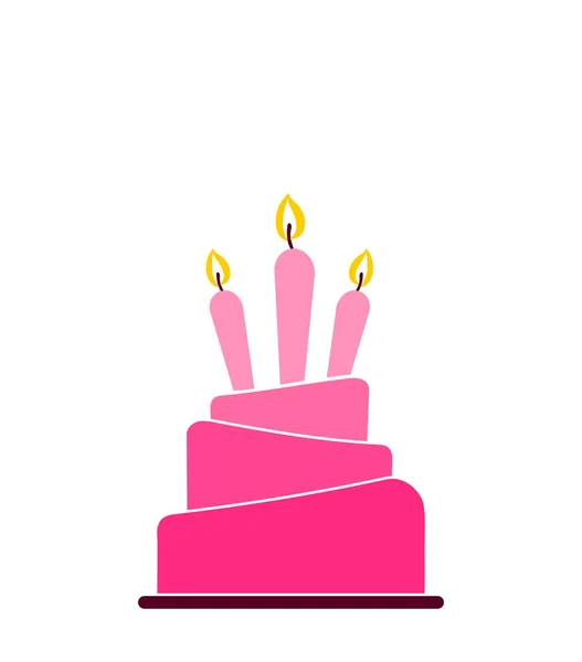 Pink ombre layered cake icon with three lit candles isolated on white background — Stock Vector