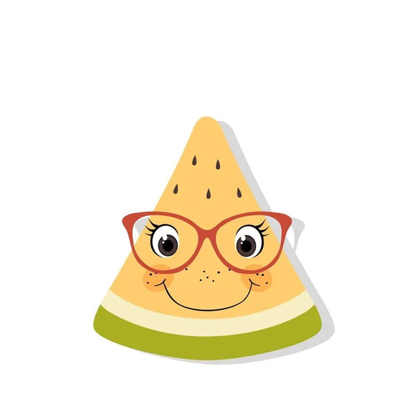 Caricatura sonriente rodaja de melón amarillo con gafas y sombra sobre blanco — Vector de stock