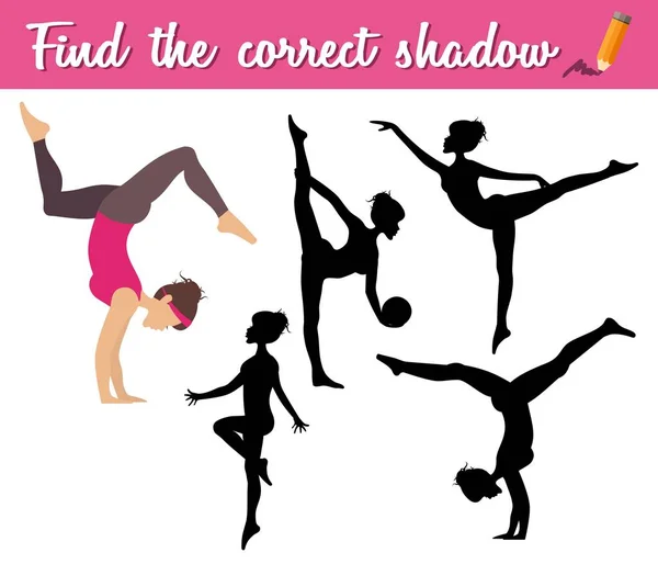 Finden Sie den richtigen Schatten. Bildungs-Matching-Spiel für Kinder mit Cartoon-Mädchen machen Sport — Stockvektor