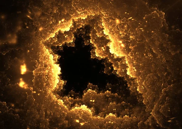 Abstracto vibrante de oro fractal nubes agujero sobre fondo negro . — Foto de Stock
