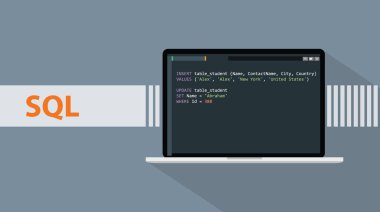 Sql structured query languages programming language with script code on laptop screen vector graphic clipart svg vector 