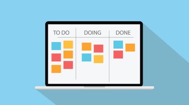 Online kanban teknoloji laptop ve kağıt todo liste vektör çizim ile