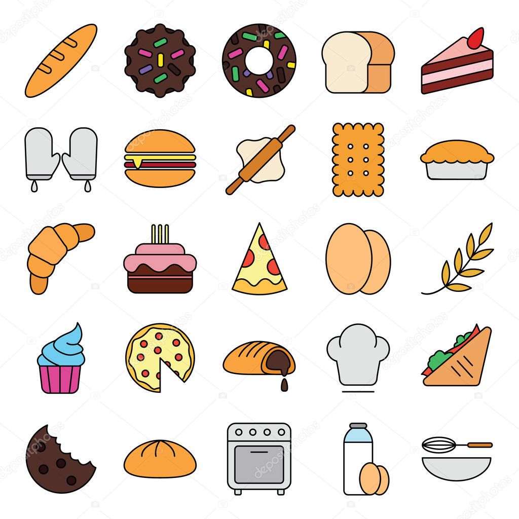 bakery color baker cake icons set collection with colour full art style vector illustration