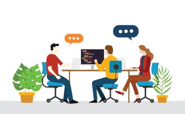 Programcı mühendisi takım başlangıç tartışmak ofiste birlikte Paylaş bağımsız değişken vektör çizim