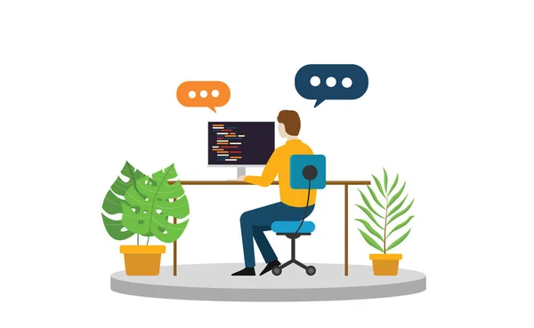 プログラマやフリーランサーのビジネス人座って デスクのベクトル図で一人で作業 — ストックベクタ