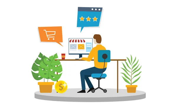 Online Shopping Handel Man Butiken Framför Datorskärmen För Att Köpa — Stock vektor