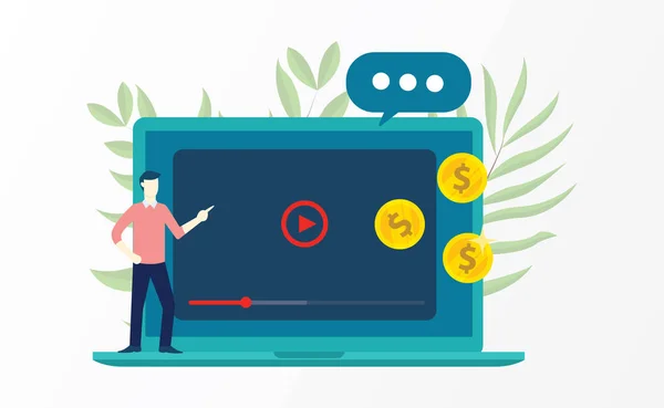 Video Marketing Met Zakenman Uitleggen Aan Voorzijde Van Laptop Geld — Stockvector