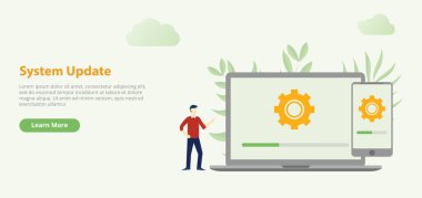 sistemi ile laptop tasarım Web Sitesi Şablon afiş güncelleştirmek ve download işlemi dişli simge - vektör çizim