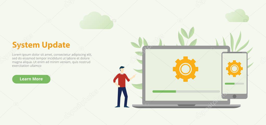 system update design website template banner with laptop and download process gear icon - vector illustration