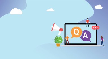 soru ve sorun veya vektör metin ve laptop ve megafon Icon - grubu için boş alan ile destek qa müşteri için
