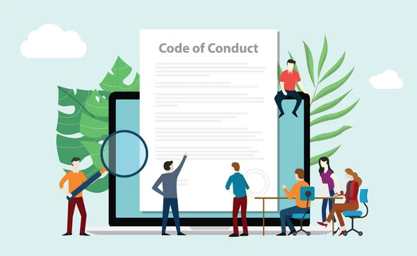 Kodex Chování Týmu Lidé Pracují Společně Tištěný Dokument Obrazovce Přenosného — Stockový vektor