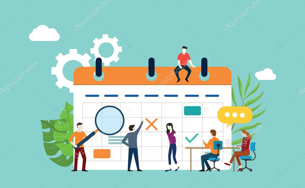 project calendar schedule with office team working together and discuss - vector illustration