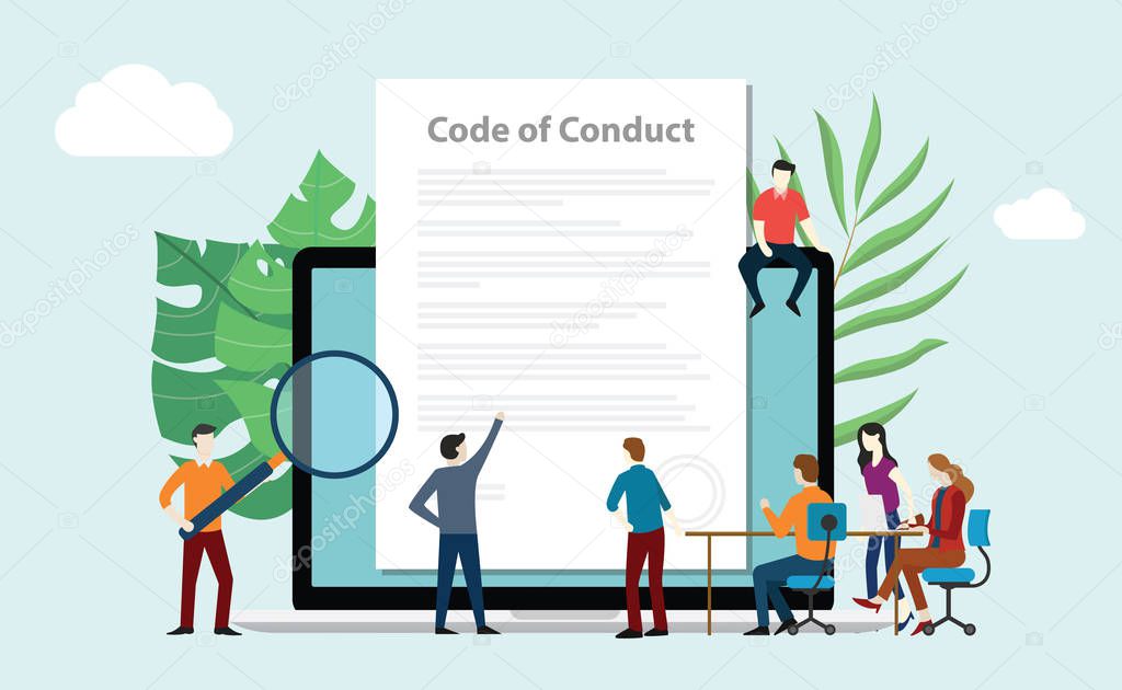 code of conduct team people work together on paper document on laptop screen - vector illustration