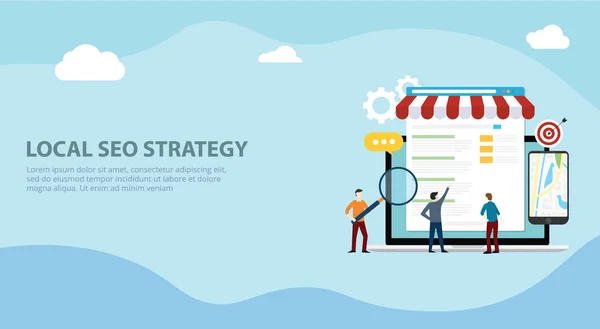 Yerel seo Pazar strateji iş arama motoru optimizasyonu Web sitesi tasarım açılış sayfası UI ile birlikte çalışan ön takım kişiler depolamak ve haritaları online - vektör çizim