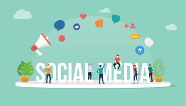 Sosyal medya kavramı ile takım insanlar büyük metin modern tarz ve simge - vektör çizim ile birlikte çalışma