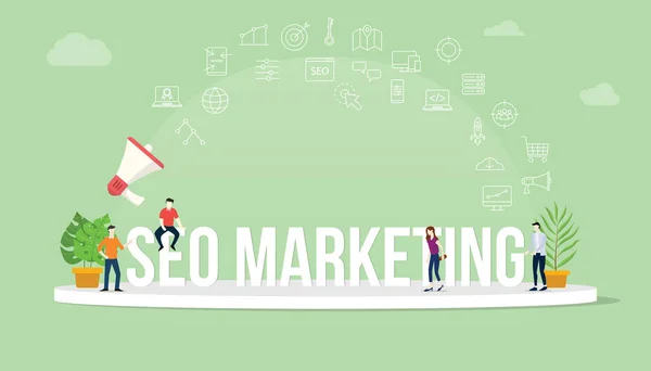 Seo Search Engine Optimization Marketingconcept Met Team Mensen Samen Met — Stockvector