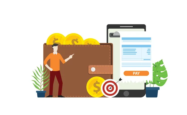 Technologie Mobilní Online Platby Podnikateli Muž Fakturou Zlaté Mince Peníze — Stockový vektor