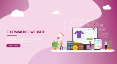 Web sitesi açılış sayfası tasarımı UI ux arayüz e-ticaret online web sitesi arayüzü sepeti simgesi olan insanlar satın para hesap makinesi ve apps fatura - vektör çizim ile alışveriş