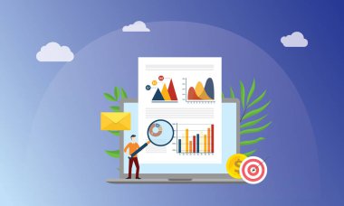 görsel veri kavramı ile iş insanlar büyüteç ile pazarlama veri grafik ve grafik Finans Kağıt belge - vektör çizim üzerinde analiz