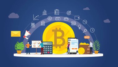 Bitcoin cryptocurrency dijital para iş altın sikke simge ve Finans Yatırım - vektör çizim yönetmek için birlikte çalışan takım kişiler ile