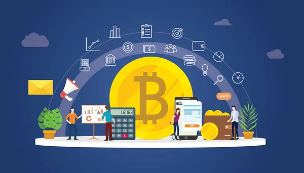 Bitcoin Kryptowährung Digitales Geld Geschäft Mit Goldmünzen Symbolen Und Team — Stockvektor