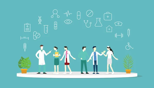 doctor health medical team together discussion with icon on top - vector illustration