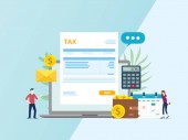 platba on-line daňové faktury s papíru dokumentu Kalkulačka laptop a lidé - vektorové ilustrace