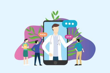 Online doktor hizmeti apps akıllı insanlar tartışma ile birlikte - illüstrasyon vektör