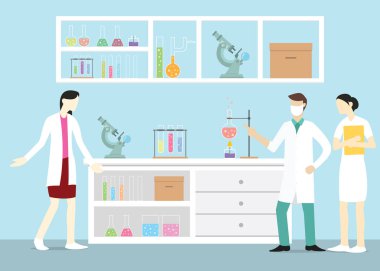 Laboratuvar kimyager Lab bazı araçlar ile takım ve bir şey hakkında - vektör çizim tartışmak