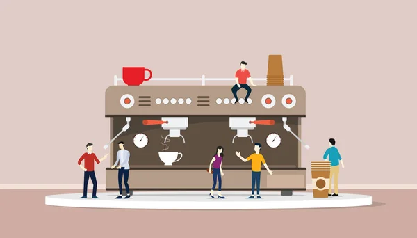 Máquina de café con personas y taza de café caliente - ilustración vectorial — Vector de stock