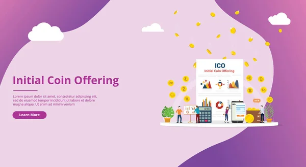 ICO eerste munt aanbod concept met mensen website sjabloon banner en zakelijke geld grafiek Financiën met goud geld - vectorillustratie — Stockvector