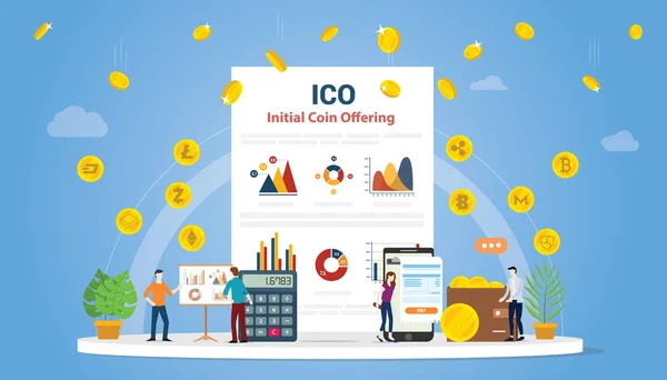 Ico первоначальное предложение монеты с людьми и бизнес деньги график финансирования с золотыми деньгами - векторная иллюстрация — стоковый вектор