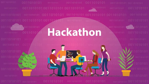Hackathon technology concept with team working together on programming - vector illustration — Stock Vector
