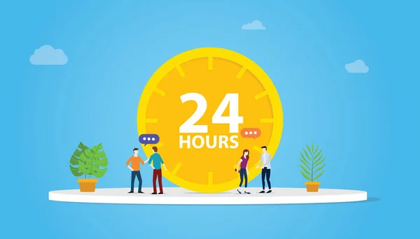 Conceito de serviço de suporte 24 horas com relógio e equipe de pessoas - ilustração vetorial —  Vetores de Stock