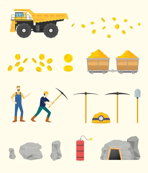 Těžba zlata sada kolekce objektů s lidmi a další nástroje - vektorové ilustrace — Stockový vektor